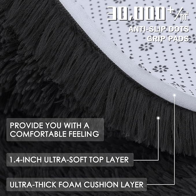 OLANLY 6x6 Area Rugs for Living Room Bedroom, Machine Washable Soft Fluffy Shaggy Bedside Rug, Indoor Floor Carpet for Kids Girls and Boys, Dorms, Nursery Rooms, Home Decor Aesthetic, Black