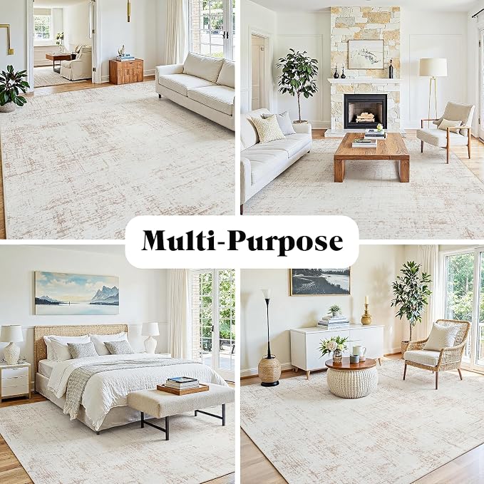 10x14 Area Rugs for Living Room Washable Rug: Anti-Skid Abstract Modern Living Room Rug Soft Thin Carpets Indoor Floor Non-Shedding Carpet for Bedroom Dining Farmhouse Nursery Home Office Beige White