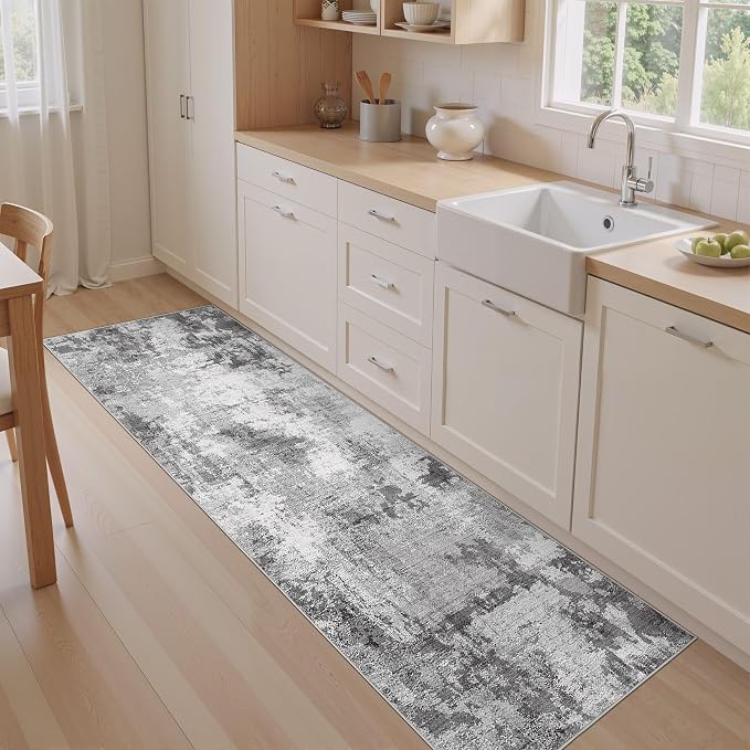 Abstract 3x8 Runner Rug: Machine Washable Non Slip Ultra Thin Low-Pile Carpet, Soft Stain Resistant for Hallway Kitchen Bathroom, Kid Pet Friendly, Robot Vacuum Compatible - Grey