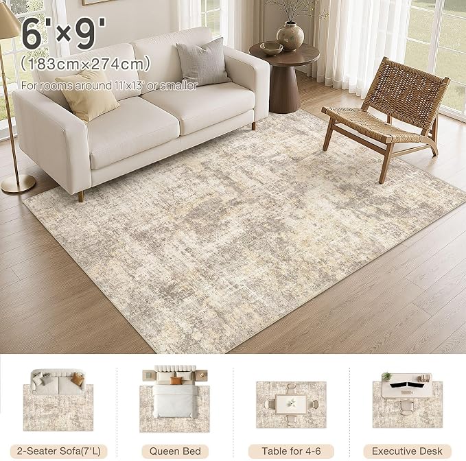 cotiled Washable Area Rug 6x9, Non-Slip Soft Neutral Rug for Living Room | Modern Abstract Carpet, Stain Resistant and Kid & Pet Friendly, Ideal For Bedroom, Dining Room, Nursery, Home Office - Beige