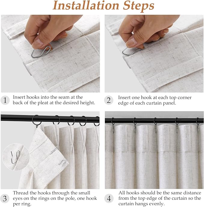 Aersas Beige White Pinch Pleated Linen Curtains 63 Inch Length 2 Panels for Living Room Bedroom Semi Sheer Window Curtain Boho Neutral Back Tab Pinch Pleat Drape with Hooks 40x63