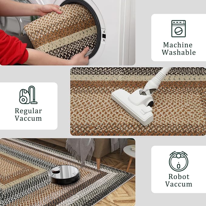 RUGSREAL Washable Runner Rug 2x8 Non Slip Braided Hallway Runner Rug Stain Resistant Kitchen Runner Mat Farmhouse Printed Rustic Accent Area Rug for Living Room Bathroom Entryway, Sand/Bronze