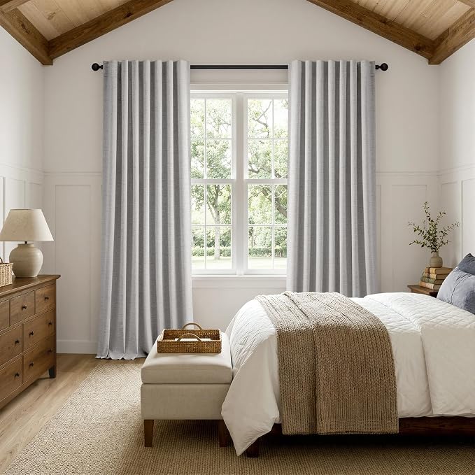 MIULEE 100% Blackout Linen Curtains 42 x 96 Inch Greyish White 2 Panels | Thermal Insulated, Room Darkening Drapes for Bedroom Living Room, Back Tab Rod Pocket Pinch Pleated, Solid Luxury Decor