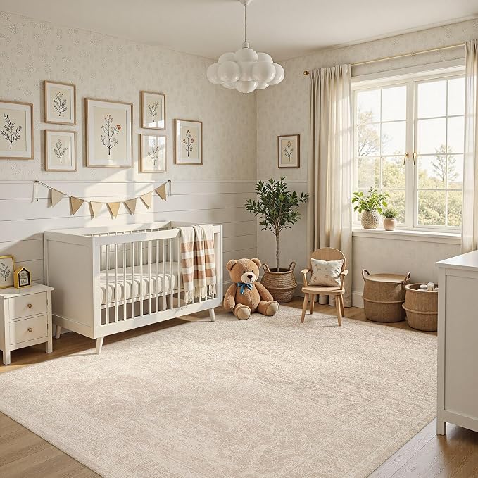 Nakagishi 8X10 Area Rugs Living Room:Washable Large Vintage Rug Neutral Non-Slip Soft Stain Resistant Indoor Carpet for Bedroom Nursery Dining Room Office Playroom
