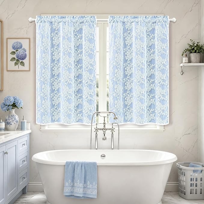 Yinhua Blue Kitchen Curtains 36 Inch Length Double Layer Blackout Cafe Curtains with Floral Sheer Overlay Rod Pocket Short Curtain for Windows, Small Window Curtain for Bathroom, Living Room, 2 Panels