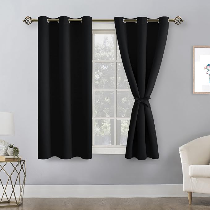 Hiasan Short Blackout Curtains for Bedroom - Light Blocking & Noise Reducing Window Curtains for Living Room, 2 Drape Panels Sewn with Tiebacks, Black, 42 x 45 Inch