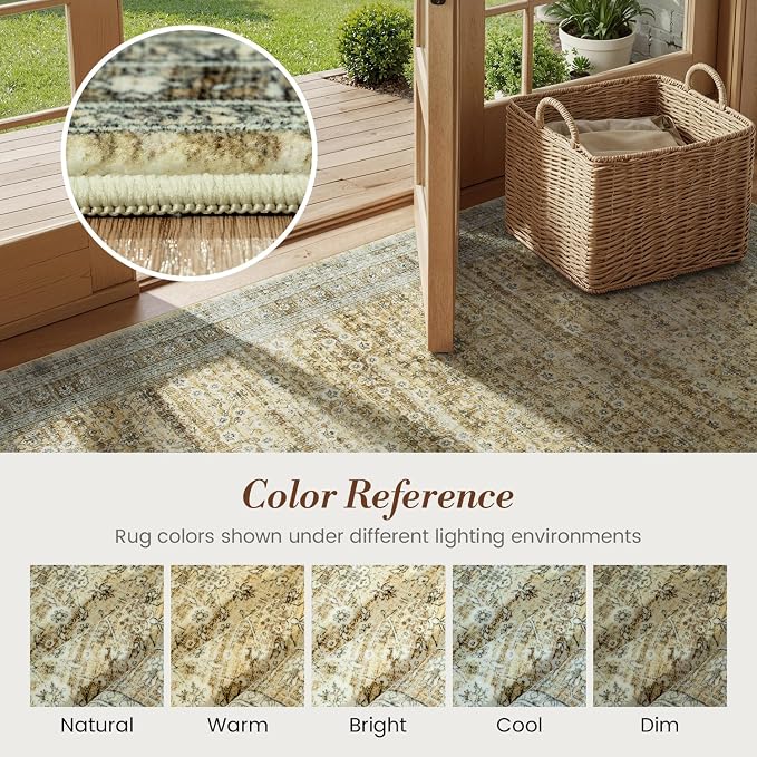 5x7 Area Rugs for Living Room Bedroom, Washable Large Rugs Non-Slip | Vintage Distressed Retro; Low Pile; Stain Resistant; Neutral Boho Carpet for Dining Room, Nursery, Home Office; Oatmeal Beige
