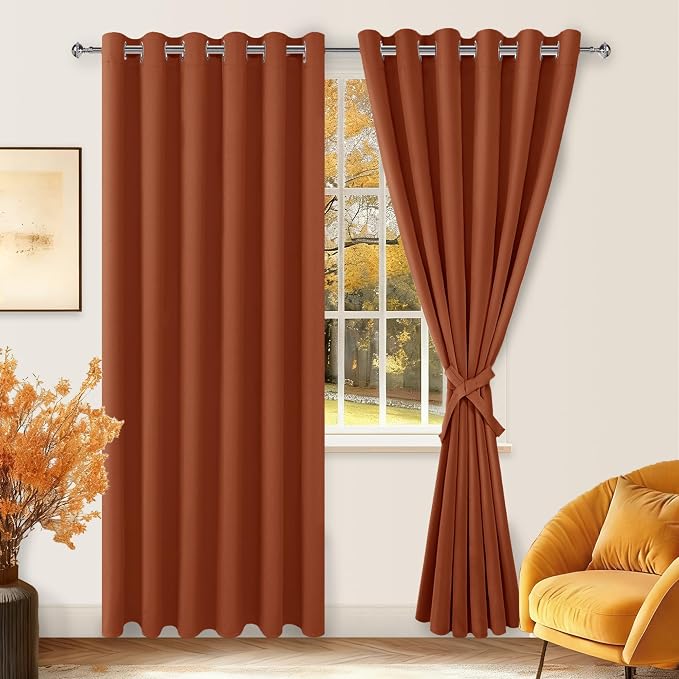 Hiasan Fall Grommet Blackout Curtains for Bedroom, 70 x 84 Inches - Thermal Insulated & Light Blocking Window Drapes for Living Room/Dorm Room, Set of 2 Panels Sewn with Tiebacks, Burnt Ochre