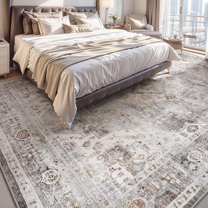 AMOAMI-6FT Round Rug-Rugs for Living Room-Vintage Soft Grey Rugs for Bedroom-Non Slip Circle Rug-Machine Washable Rug for Dining Room Living Room Bedroom Office Under Table