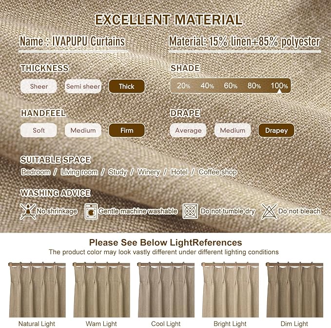 IVAPUPU Sand Pinch Pleated Full Blackout Linen Curtains for Bedroom, Black Out Curtains 102 Inches Long for Living Room Darkening Thermal Insulated Neutral Pleat Drapes with 16 Hooks, 2 Panels
