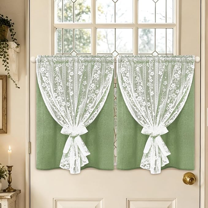 ASPMIZ Linen Kitchen Curtains Double Layer Kitchen Window Curtains Over Sink 36 Inch Sage Green Tier Curtain Light Filtering Rod Pocket Cafe Curtain Short Window Treatments with 2 Tiebacks, 26x36