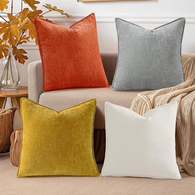 decorUhome Set of 4 Chenille Throw Pillow Covers 16x16(Cream/Rust) | Couch Decorative Soft Neutral Pillow Covers with Elegant Design for Living Room Bed Sofa