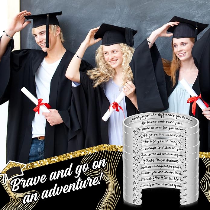 Henoyso 12 Pcs 2026 Graduation Motivational Bracelet Stainless Steel Engraved Bracelets Open Inspirational Bracelet for Class of 2026 Graduation Gifts, 12 Styles