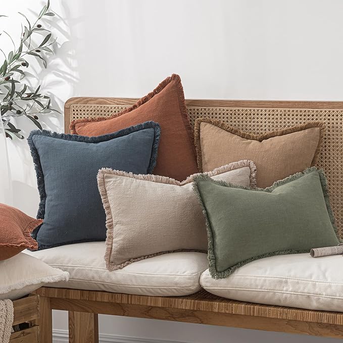 MIULEE Decorative Throw Pillow Covers Neutral Linen Fringe Throw Pillows Set of 2 Natural Linen Boho Farmhouse Cushion Covers with Tassels for Couch Sofa Bed Spring Home Decor 16x16 Inch
