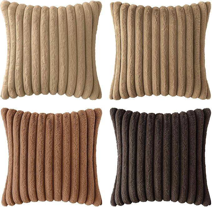 MIULEE Faux Fur Plush Decorative Throw Pillow Covers 18x18 Set of 4, Boho Fall Farmhouse Soft Fuzzy Striped Cushion Covers for Sofa Couch Bed Living Room Vintage Rustic Home Decor,Dark Brown