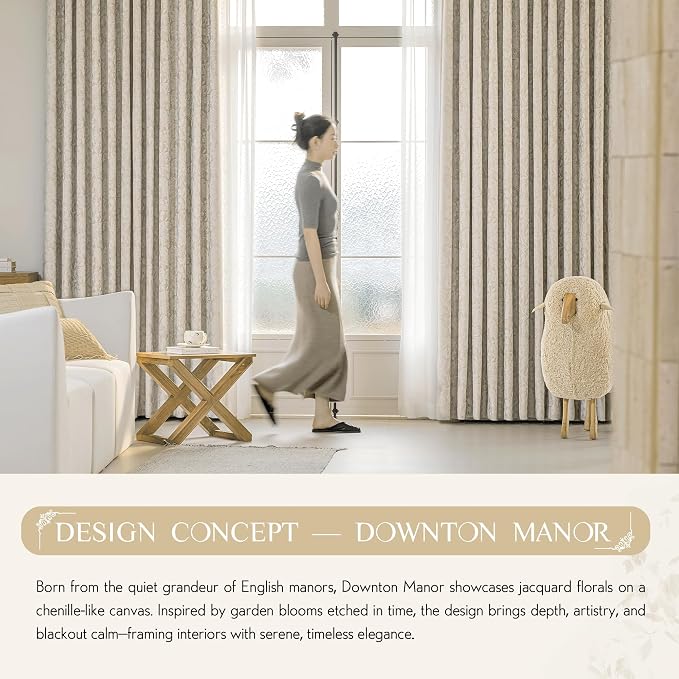Beauoop Beige Floral Jacquard Blackout Curtains for Bedroom 52x63 2 Panels | Flower Chenille Room Darkening Drapes for Living Room 63 Inch Long Thermal Insulated Soundproof Window treatment Grommet