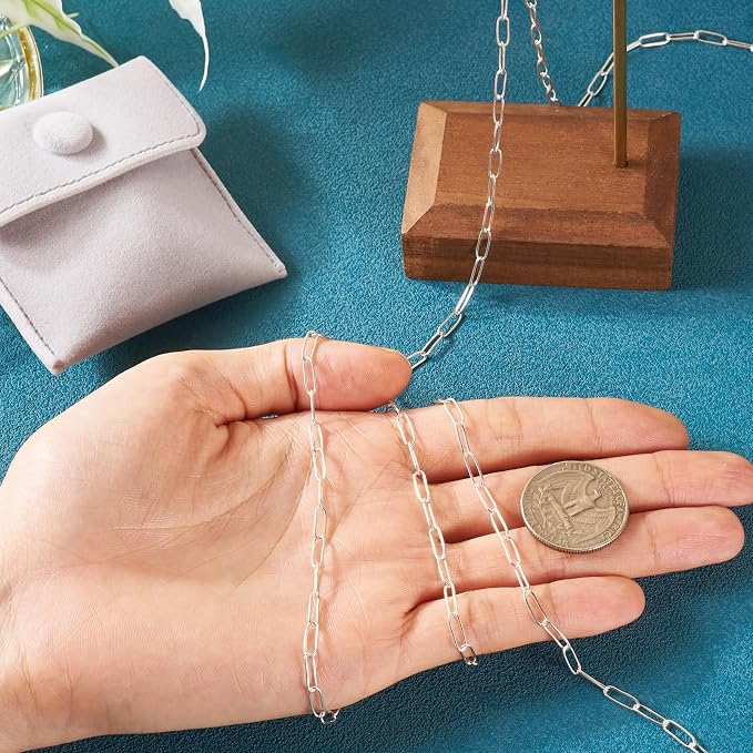 3.28 Feet Sterling Silver Paperclip Chain Paperclip Link Necklace Oval Cable Chain with Velvet Polishing Cloth Permanent Bracelet Kit 8.5x3mm for Women Men Necklace Jewelry Making