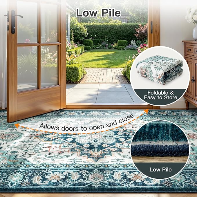 Lofus 9x12 Washable Rugs Non-Slip, Vintage Floral Area Rug for Living Room Bedroom Dining Room Kitchen, Low Pile Distress Print Medallion Carpet Home Decor Rug, Floral Green Beige