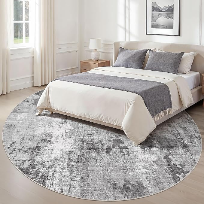 Abstract 8FT Round Rug: Machine Washable Non Slip Ultra Thin Low-Pile Carpet, Soft Stain Resistant for Living Dining Room Bedroom, Kid Pet Friendly, Robot Vacuum Compatible - Grey