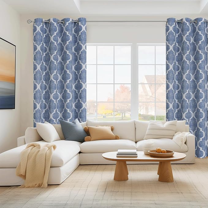 Beauoop Moroccan 100% Blackout Curtains Bedroom Blue 50x90 2 Panels | Geometric Room Darkening Drapes for Living Room 90 Inch Long Thermal Insulated Soundproof Lattice Window Treatment Grommet