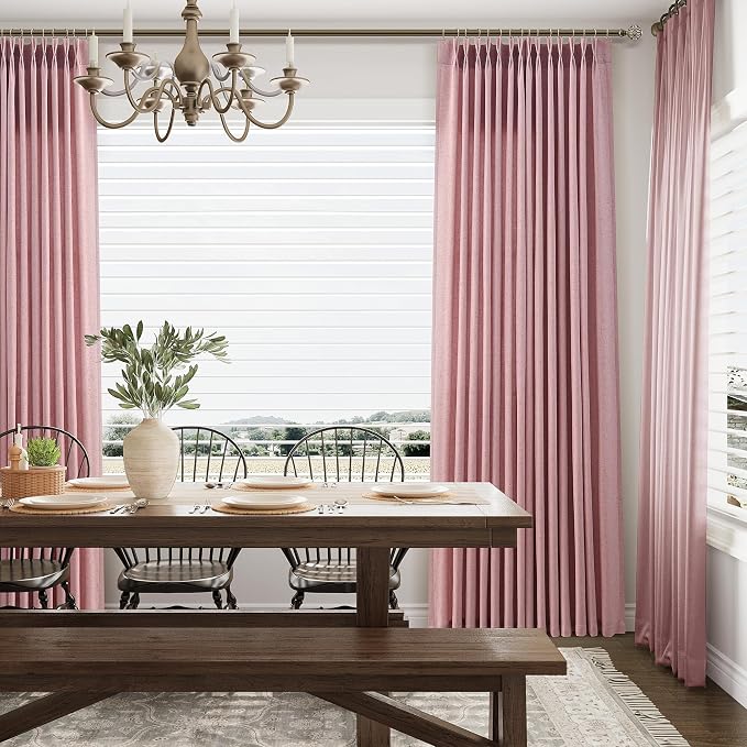 Aersas Pink Linen Pinch Pleated Curtains 90 Inches 2 Panels Set Back Tab Rod Pocket Semi Sheer Light Filtering Modern Farmhouse Drapes Flax Texture Fabric Window Treatments for Bedroom 40x90 Inch