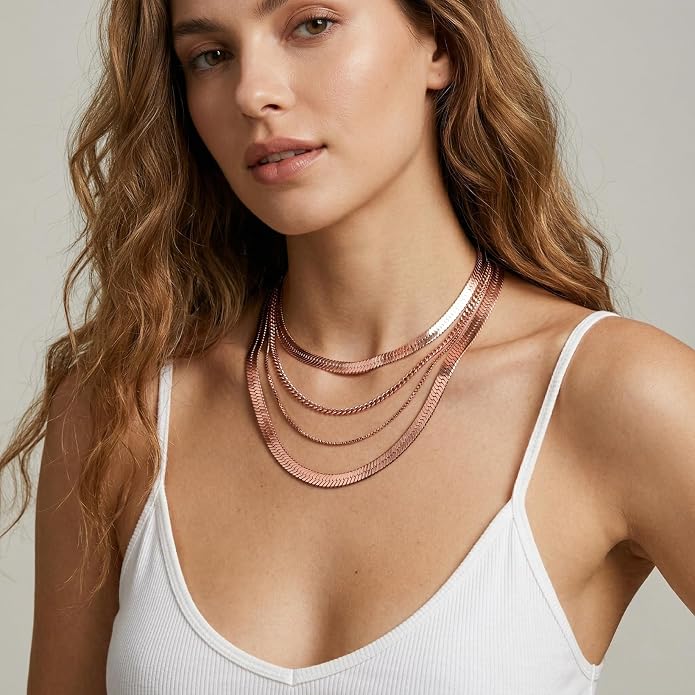 WomenGifts 14K Gold Silver Plated Herringbone Necklace for Women, Dainty Snake Chain Choker, Trendy Simple Long Layered Jewelry Non Tarnish, 3/4/5/8mm,14,16,18,20,22,24,26 Inch Thin & Chunky Options