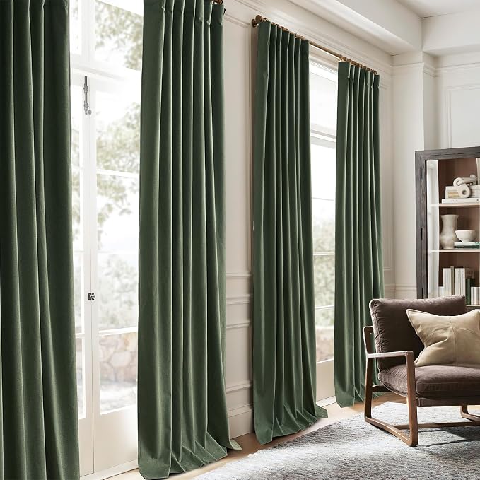 QJmydeco 45 Inch Kitchen Curtains Sets for Windows, Faux Linen Blackout Pleated Aesthetic Basement Window Curtain Back Tab 2 Panels Insulated Drapes Olive Green (50" W x 45" L Hooks&Rings Included)