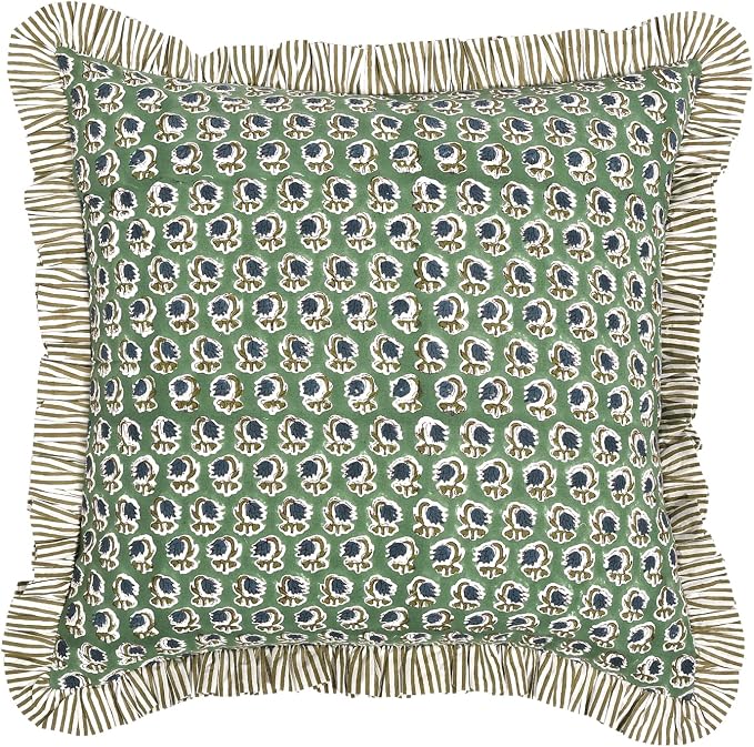 Ridhi Block Print Basil Green Throw Pillow Cover 18" x 18" (Pack of 2) Decorative Cushion Covers with Ruffle for Couch, Sofa, Bed, Living Room, Home Decor Gift for Spring, Easter, Valentine