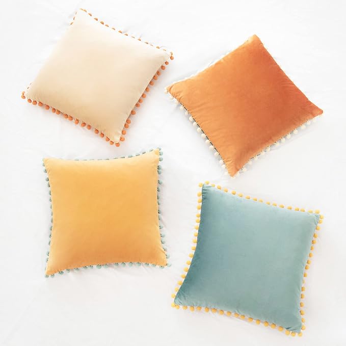 MONDAY MOOSE Decorative Throw Pillow Covers Cushion Cases, Set of 4 Soft Velvet Pom Poms Double-Sided Designs, Mix and Match for Home Decor, Pillow Inserts Not Included (16x16 inch, Orange/Teal)