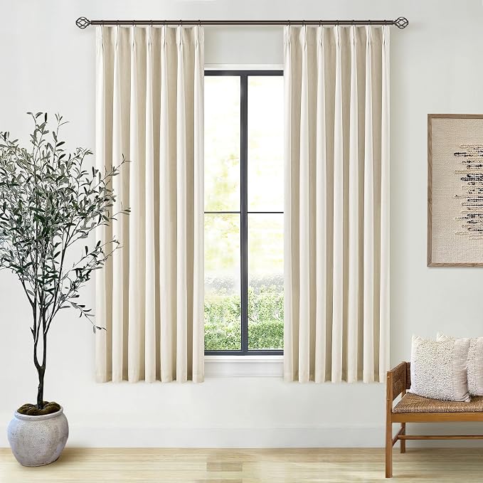 Cream Beige 63 Inch Length Blackout Pinch Pleated Linen Curtains with Liner | Memory Trained, 100% Black Out, Thermal Insulated, UV Blocking, Noise Reducing Curtains for Small Window Bedroom 2 Panels
