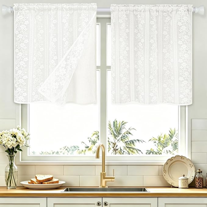 ASPMIZ Linen Kitchen Curtains Double Layer Kitchen Window Curtains Over Sink 24 Inch Length White Tier Curtain Light Filtering, Rod Pocket Cafe Curtain Short Window Treatments with 2 Tiebacks, 26x24