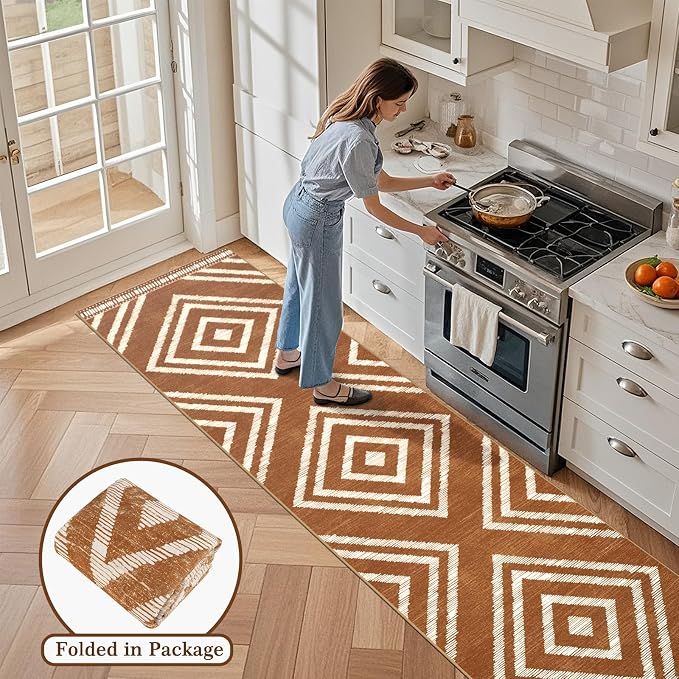 Boho Hallway Runner Rugs 2.6x14ft Non Slip, Long Brown Washable Entryway Rug Runners Non Shedding, Geometric Kitchen Floor Carpets for Doorway Entrance Farmhouse Living Room Home Decor