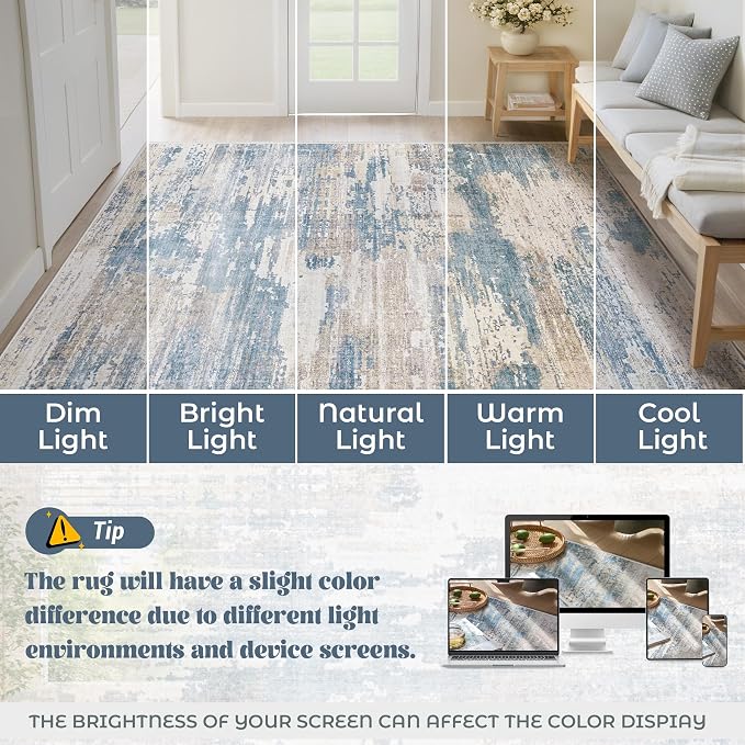 XLUEZ 9x12 Area Rug for Living Room, Washable Modern Abstract Large Area Rug Neutral Soft Non Slip Kids Rug Stain Resistant Indoor Carpet for Bedroom Dining Room Playroom Office(BlueBeige, 9'x12')