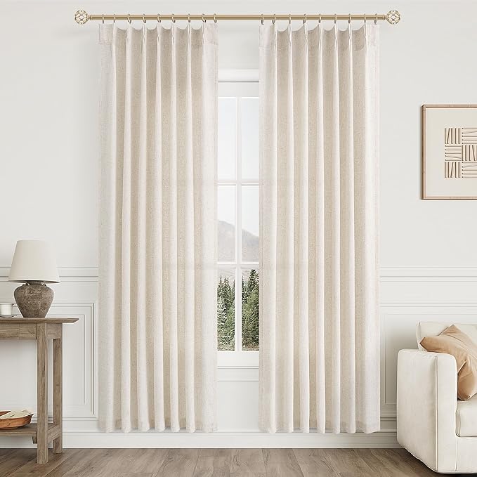 Aersas Natural Pinch Pleat Linen Curtains 82 Inch Length 2 Panels Set for Bedroom Dining Room Semi Sheer Linen Boho Farmhouse Neutral Window Curtains for Living Room Nursery Natural Cream 40x82