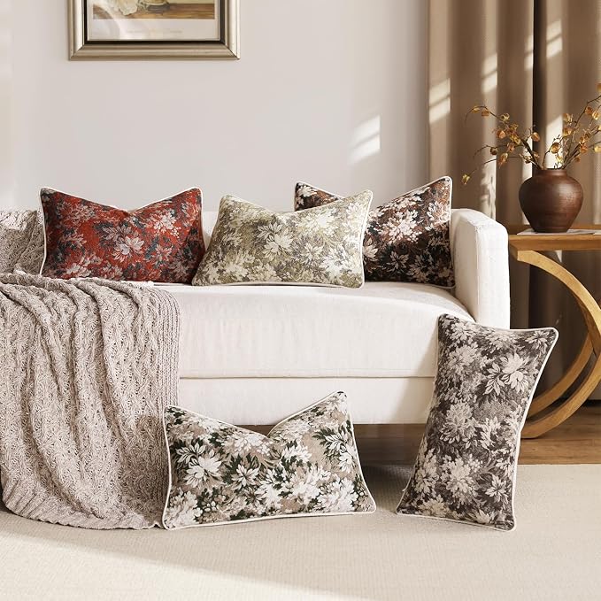 DEZENE Pack of 2 Vintage Floral Pillow Covers 12x20 Boho Farmhouse Accents Chenille Rectangular Lumbar Decorative Throw Pillow Cases for Living Room Couch Bed Home Decor, Green and Taupe