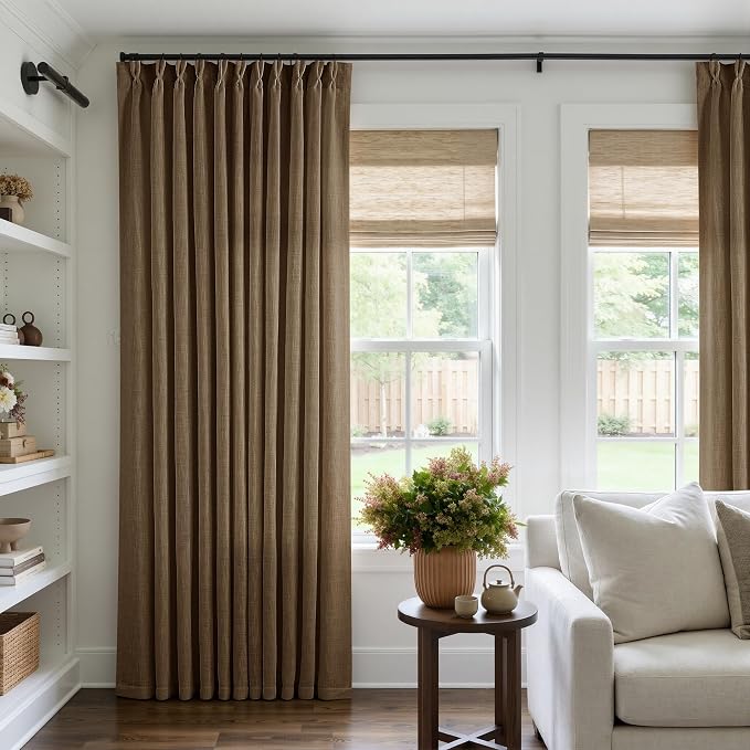 Extra Wide 96 Inch Long Curtains 70 Inch Wide Pinch Pleat Linen Curtains for Living Room Bedroom Light Filtering Privacy Pleated Drapes Hooks Rings Back Tab for Sliding Door Dutch Cocoa 1 Panel