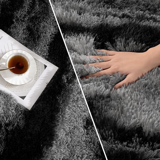Deerhoo Large Shag Area Rugs 6 x 9, Tie-Dyed Plush Fuzzy Rugs for Living Room, Ultra Soft Fluffy Furry Rugs for Bedroom, Anti-Skid Indoor Carpet Nursery Rugs for Kids Room Home Decor, Black Grey