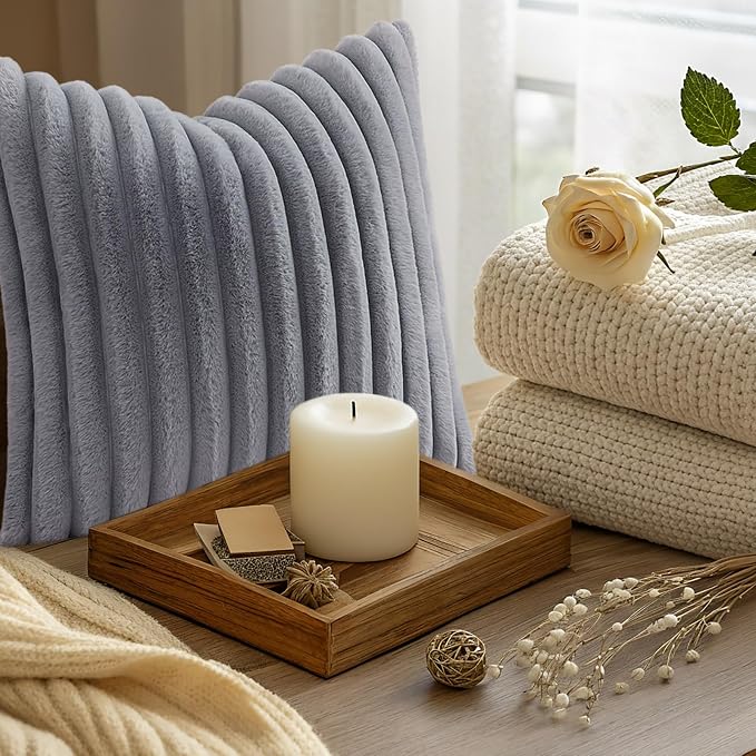 decorUhome Fall Faux Fur Throw Pillow Covers 18x18 Set of 2 Grey | Decorative Soft Cozy Striped Plush Modern Farmhouse Boho Couch Pillow Cases Velvet Back for Sofa Bed Living Room Home Decor