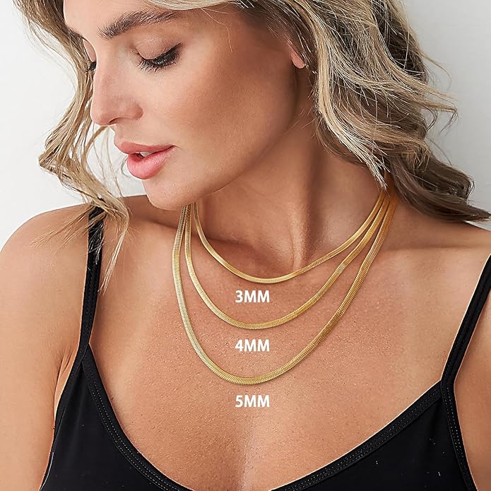 Jewlpire Silver/18K Gold Plated Herringbone Necklace for Women, 3mm 4mm 5mm Necklace for Women, Flat Snake Chain Necklaces, Fashion Women's Chain Necklaces 16 18 20 22 24 Inch