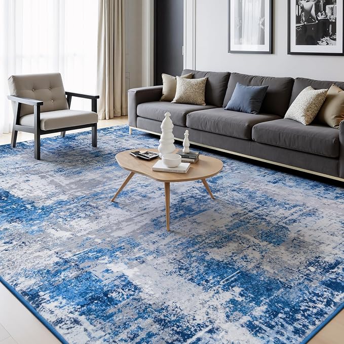 Rugflix 8x10 Area Rugs for Living Room, Washable Large Rug Stain-Resistant Low Pile, Modern Dark Carpet for Dining Room Home Office Kid Room Nursery Bedroom, Blue Grey