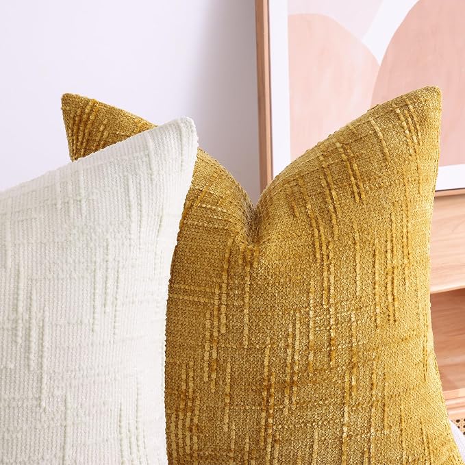 decorUhome Textured Chenille Throw Pillow Covers 16x16 Set of 2 Cream White | Fall Modern Farmhouse Soft Cozy Slubby Couch Pillow Cases Boho Decorative Pillow Cases for Bed Sofa Living Room Home Decor
