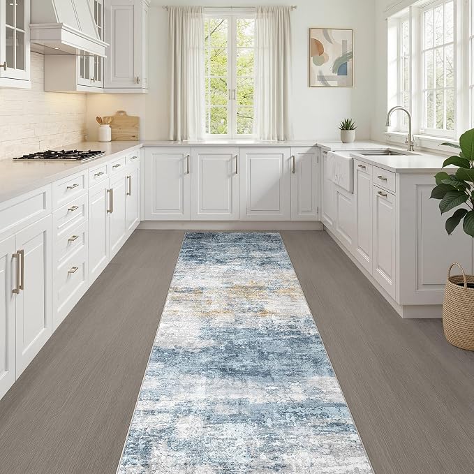 Runner Rug Non-Slip Kitchen Rug: 2x6 Washable Abstract Modern Soft Stain Resistant Indoor Floor Neutral Accent Throw Carpet for Hallway Bathroom Laundry Room Bedroom Entryway- Blue Gold