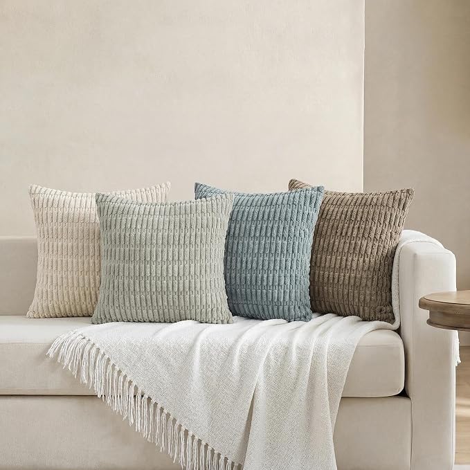 Softalker Throw Pillow Covers 18x18 Inch, Set of 4, Corduroy Soft Striped Farmhouse Boho Pillow Cover, Modern Decorative Cushion Pillow Case for Couch Sofa Bedroom Living Room, Grey/Beige