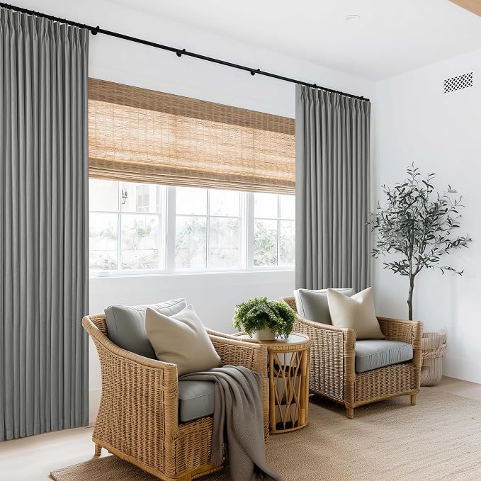 Grey Pinch Pleated 100% Blackout Linen Curtains for Bedroom 84 Inch Length | Room Darkening with Liner, Memory Shape Pleat Back Tab, Thermal Insulated, for Living Dining Room Window, W40xL84 2 Panels