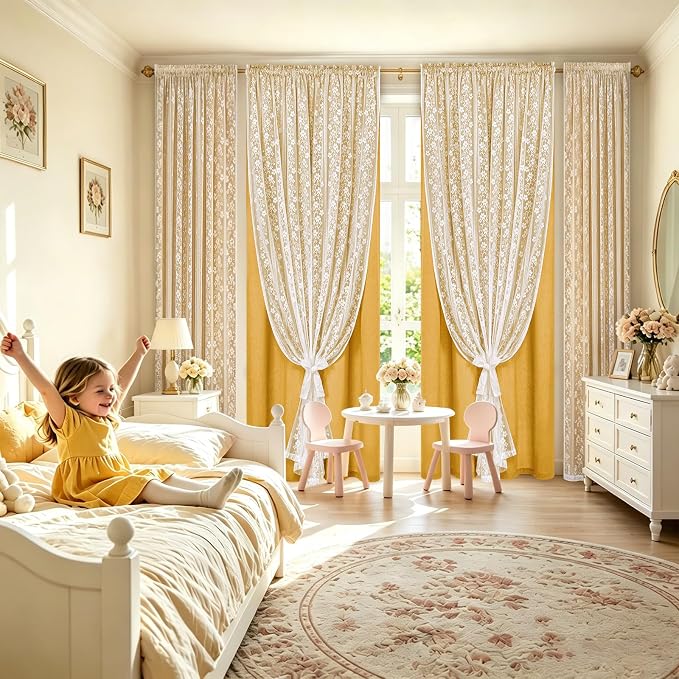 ASPMIZ Linen Curtains for Living Room Double Layer Curtains with Linen Lace, Mustard Yellow Bedroom Curtain Light Filtering, Rod Pocket Drapes 63 Inch Length 2 Panels Set with 2 Tiebacks, 52x63