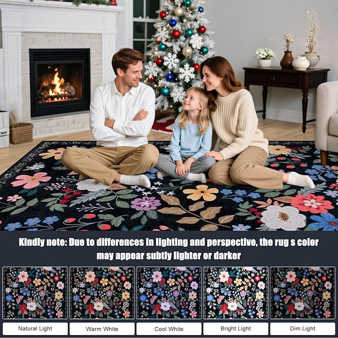 Runner Rug for Entryway: 3x10 Kitchen Rugs Non Slip Washable Ultra-Thin Soft Floral Carpet Indoor Floor Stain Resistant Carpets for Hallway Bedroom Kitchen Laundry Bathroom Dorm Black