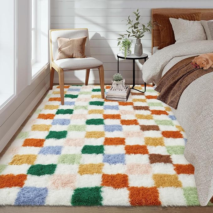 Garvee Washable Checkered 9x12 Area Rug for Living Room Colorful Modern Shag Rugs Thick Plush Fuzzy Rugs Non-Slip Large Rug Soft Indoor Carpet Shaggy Rugs for Bedroom Home Aesthetic Decor