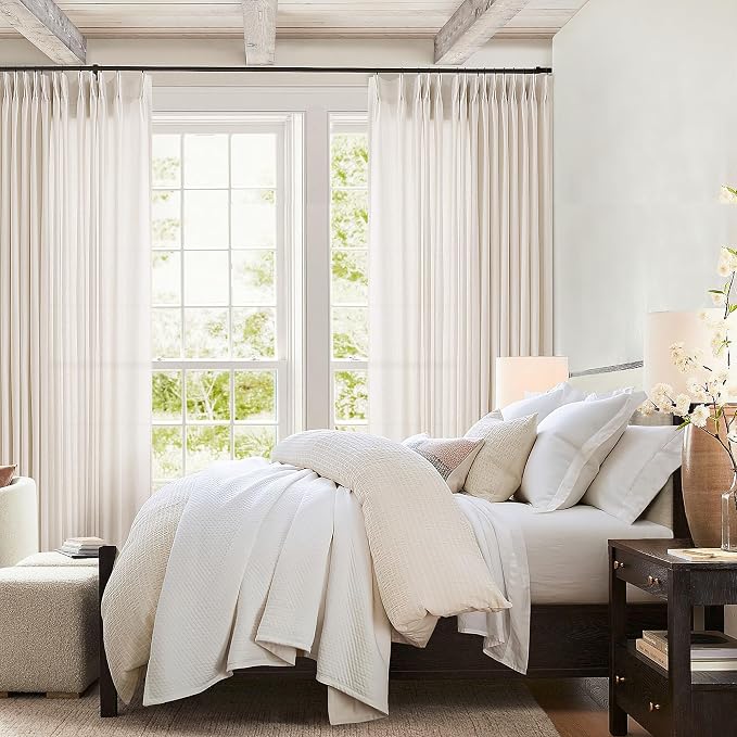 Linen Sheer Pleated Curtains 108 Inches Long 100 Inch Width Cream | Ivory, Neutral, Extra Wide, 100x108 Drapes Panels, for Living Room Patio Sliding Door, Light Filtering Curtain, 1 Panel
