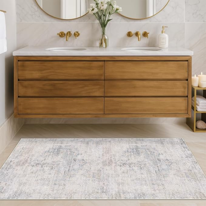 Hazo Haus Light Blue 2x5 Bathroom Runner Rug, Non-Slip Washable Runner for Kitchen, Laundry Room & Hallway, Abstract Design with Tan Accents, Eclectic Décor