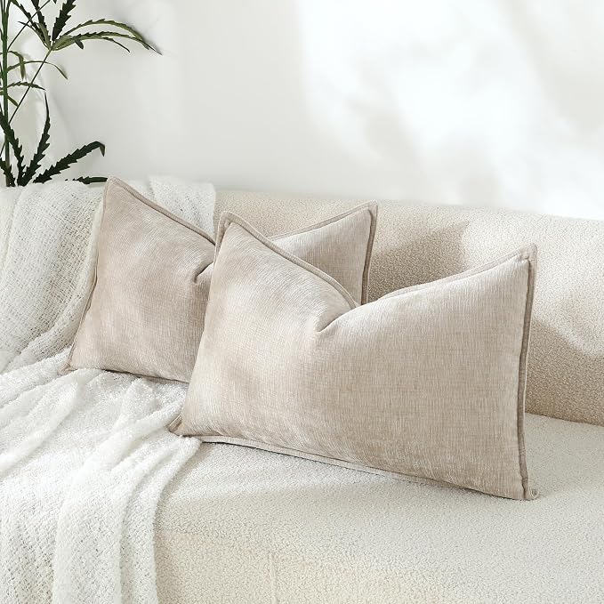 Stellhome Lumbar Chenille Throw Pillow Covers Set of 2 Super Soft Textured Decorative Pillow Covers Accent Solid Cushion Cover for Couch Sofa Bedroom Living Room 12x20 Inch, Light Tan